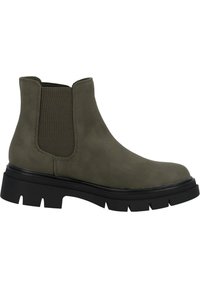 Botas Chelsea de color verde oliva hechas de piel suave, con paneles elásticos, puntera redondeada y una suela de goma negra y gruesa.