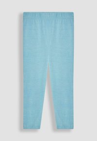 Leggings de color azul claro, hechos de una tela suave y elástica. Cintura conforme, diseño ajustado, textura suave, sin patrones ni acentos.