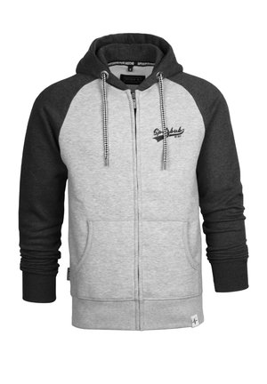 Gray and dark gray zip-up hoodie with a drawstring hood, raglan sleeves, embroidered logo, and two front pockets. Cotton blend fabric.