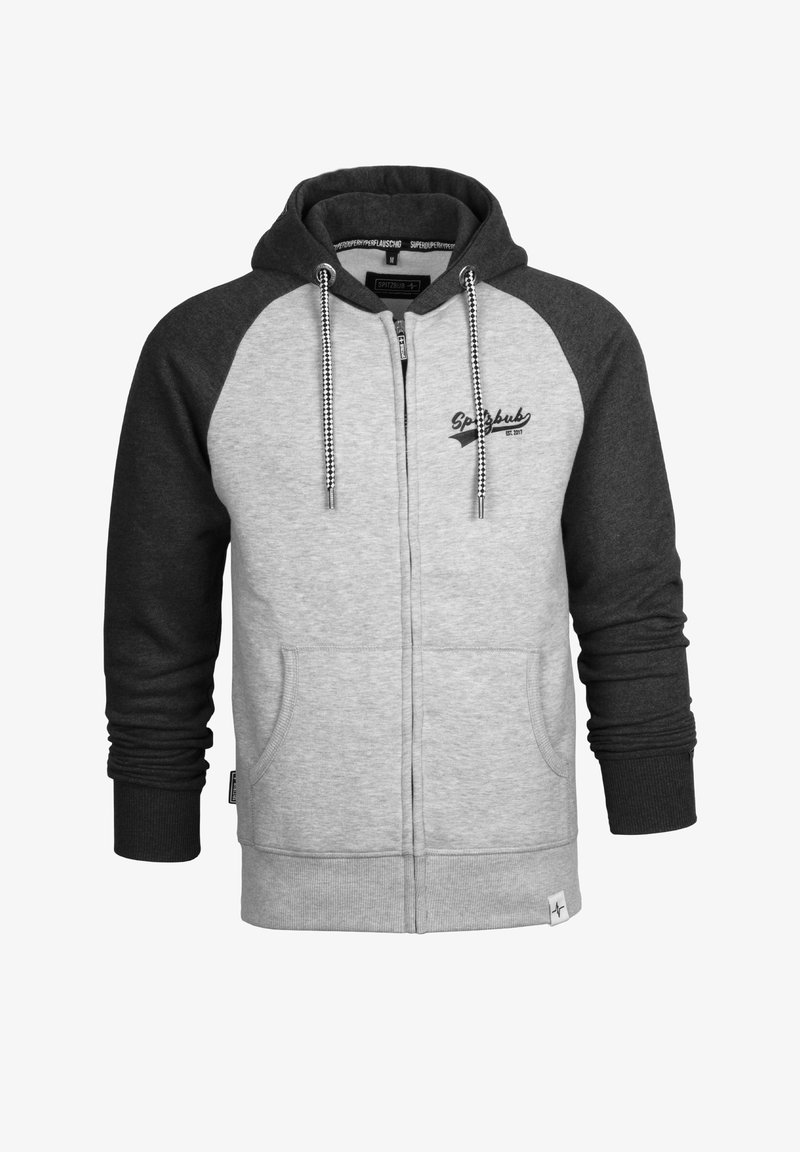 Grau und dunkelgrau zip-up Kapuzenpullover mit einem Zugband in der Kapuze, Raglanärmeln, gesticktem Logo und zwei vorderen Taschen. Baumwollmischgewebe.