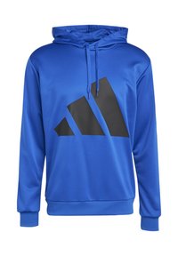 Felpa con cappuccio blu realizzata in tessuto liscio, con un grande logo trefoil nero sul fronte. Include stringhe di regolazione e polsini a costine.