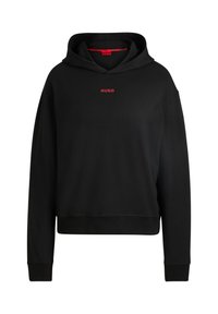 Zwarte hoodie met lange mouwen, gemaakt van zacht materiaal. Bevat een rood 'HUGO' logo in het midden van de borst en een capuchon met trekkoord.