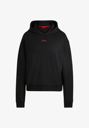 Sweatshirt preto com mangas longas, feito de tecido suave. Apresenta um logo vermelho "HUGO" centrado no peito e um capuz com cordão.