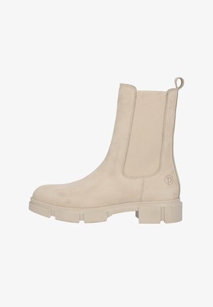 Beige ankle boot with a suede finish, elastic side panels, and a textured rubber sole. Features a pull tab and logo detail on the side.