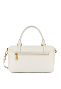 Borsa in pelle bianca con un design strutturato, manico superiore, tracolla removibile e dettagli in zip dorati sulla parte anteriore.