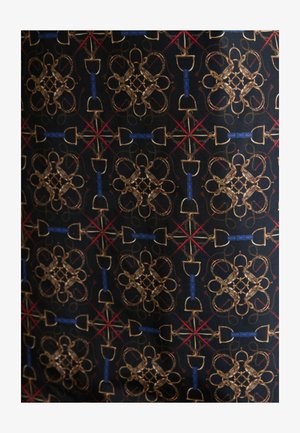 Black fabric featuring a symmetrical pattern of gold and blue geometric shapes, interspersed with red accents and intricate detailing.