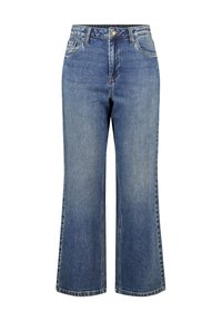 Lichtblauwe denim wijde jean met een hoge taille, voorzakken en een knoopsluiting. Kenmerkende vervaagde textuur met gestikte details.