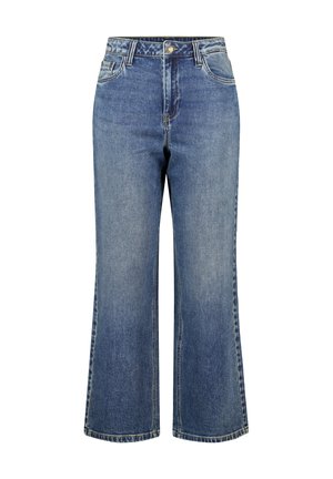 Lichtblauwe denim wijde jean met een hoge taille, voorzakken en een knoopsluiting. Kenmerkende vervaagde textuur met gestikte details.
