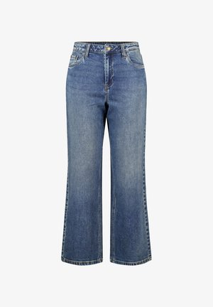 Jeans en denim bleu clair à jambes larges avec une taille haute, des poches avant et une fermeture à bouton. Texture délavée distinctive avec des détails cousus.
