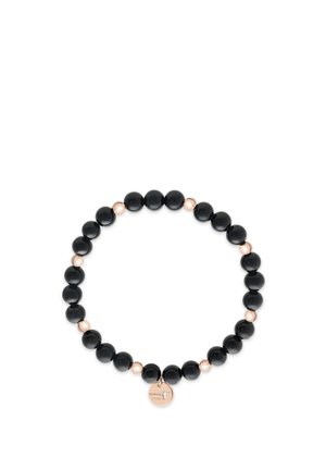 Bracelet with alternating black and rose gold beads, featuring a small round rose gold charm engraved with a cross and "STEEL."