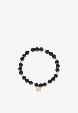 Bracelet with alternating black and rose gold beads, featuring a small round rose gold charm engraved with a cross and "STEEL."