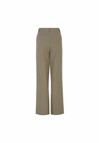 Kalhoty s vysokým pasem a širokými nohavicemi v tlumené béžové barvě s vertikálními pruhy. Měkká textura, s dvěma zadními kapsami a střih na míru.