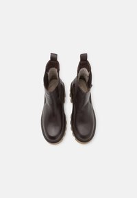 Paire de bottines en cuir marron foncé avec doublure en shearling beige clair et semelles en caoutchouc robustes, vues de dessus sur un fond blanc.