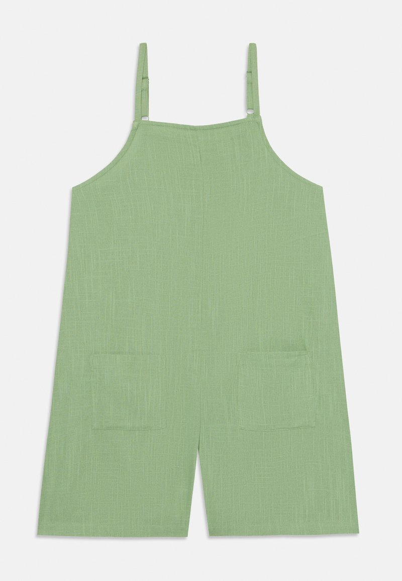 Grön ärmlös jumpsuit i en texturerad fabric, med två framfickor och justerbara axelremmar.