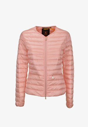 Giacca trapuntata rosa chiaro con cuciture orizzontali, maniche lunghe, cerniera frontale e tasche laterali con zip.