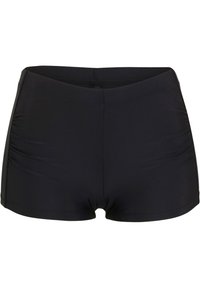 Pantaloni da nuoto neri realizzati in un tessuto liscio e elasticizzato. Presentano un alto elastico in vita e arricciature laterali per un design aderente. Adatti per attività acquatiche.