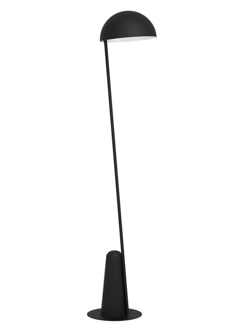 Schwarze Stehlampe mit einem eleganten, schlanken Design, ausgestattet mit einem kegelartigen Fuß und einem halbkugelförmigen Schirm, der das Licht streut.