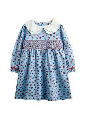 Blauwe jurk met lange mouwen voor meisjes met een rood bloemenpatroon, witte geschulpte Peter Pan-kraag en geplooide borst en manchetten.