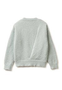 Světle zelený chlupatý svetr s texturovaným povrchem, výstřihem do kulata a asymetrickým designem zad, se žebrovanými manžetami a lemem.