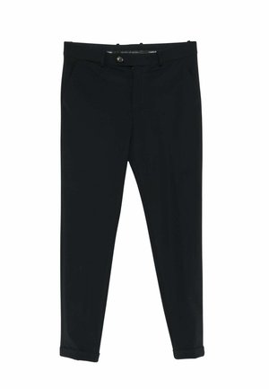 Pantaloni neri a sigaretta realizzati in tessuto intrecciato. Caratterizzati da due tasche laterali, chiusura con bottone e orli arrotolati per un aspetto curato.