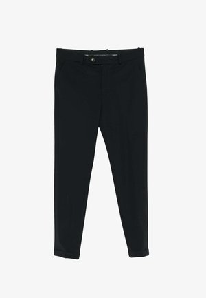 Pantaloni neri a sigaretta realizzati in tessuto intrecciato. Caratterizzati da due tasche laterali, chiusura con bottone e orli arrotolati per un aspetto curato.