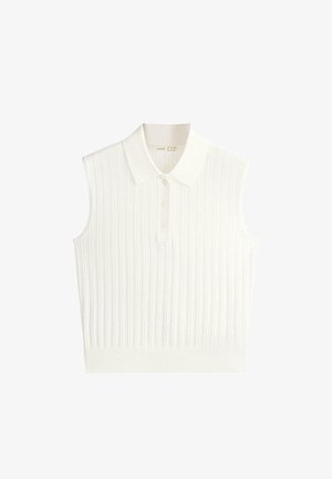 Fehér kötött ujjatlan galléros pulóver bordázott textúrával és három gombbal az elején.