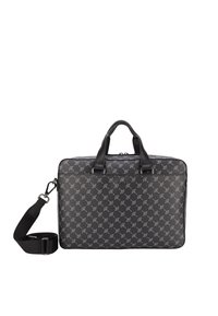 Laptop bag with a black patterned exterior, featuring two top handles and a removable shoulder strap. Smooth texture with metallic accents.