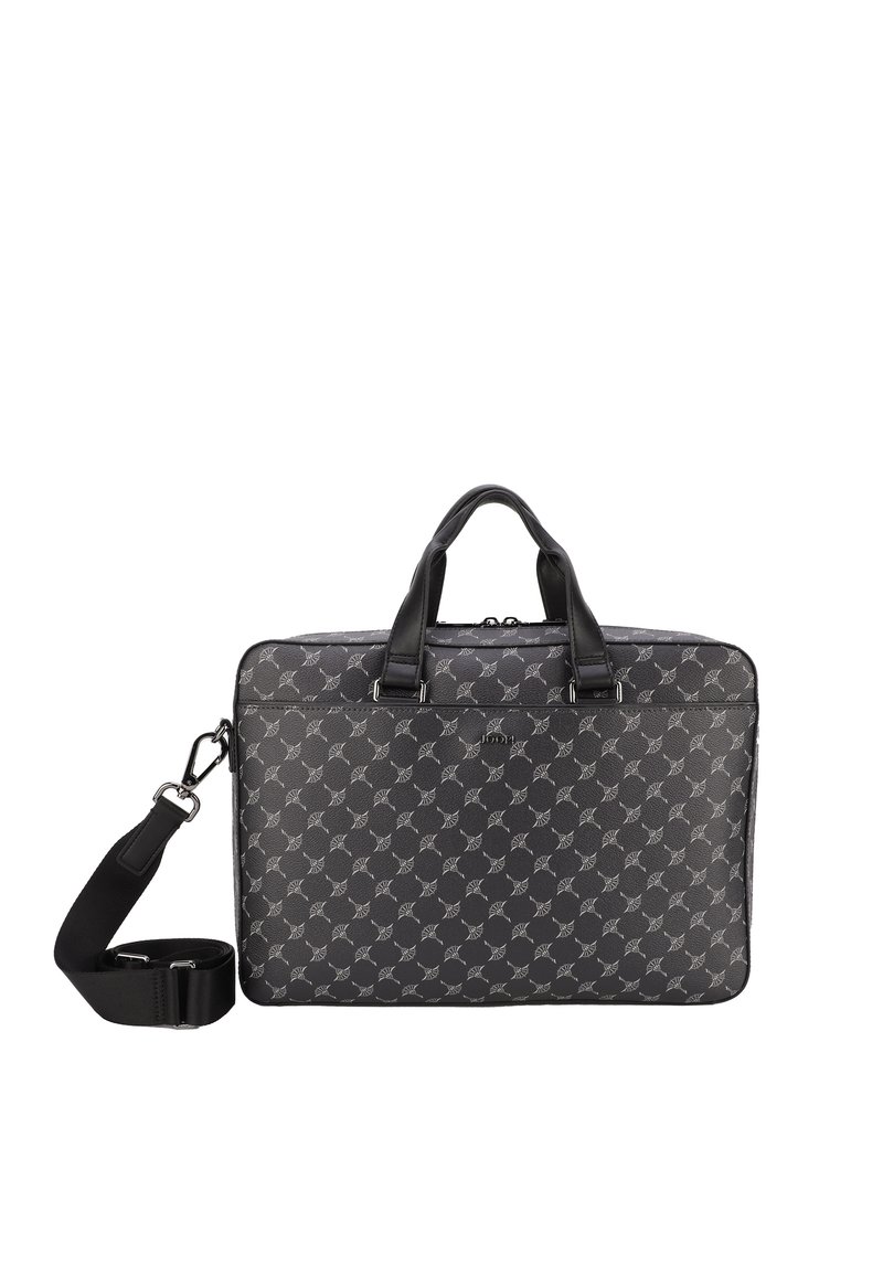 Laptop bag with a black patterned exterior, featuring two top handles and a removable shoulder strap. Smooth texture with metallic accents.