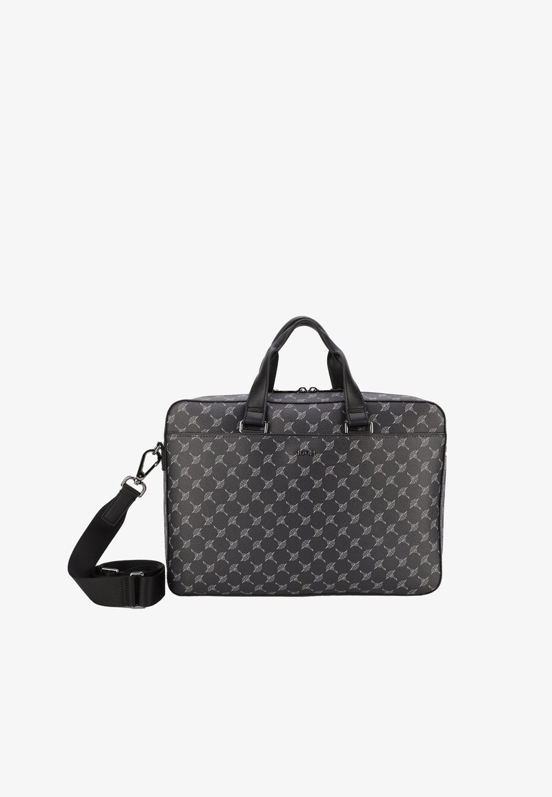 Sac d'ordinateur portable avec un extérieur à motifs noirs, comprenant deux poignées supérieures et une bandoulière amovible. Texture lisse avec des accents métalliques.