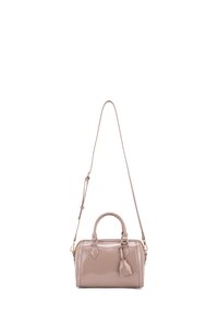 Piccola borsa strutturata in pelle sintetica rosa chiaro. Presenta manici superiori doppi, una tracolla staccabile e accessori in metallo color oro.