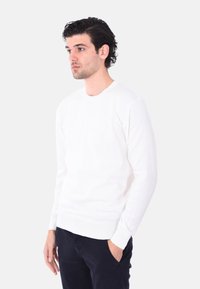 Maglione bianco a maniche lunghe con collo a girocollo in un morbido tessuto a coste. Presenta una trama sottile e polsini aderenti, indossato con pantaloni scuri.