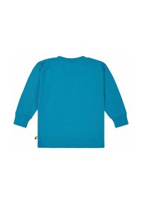 Langemouwshirt van fel turquoise katoen, met een ronde hals en geribbelde manchetten. Kleine multikleurige label aan de linker ondernaad.