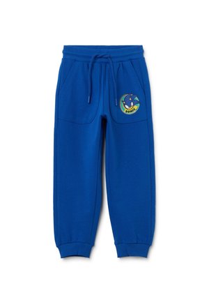 Blue sweatpants made of cotton-blend fabric, featuring an elastic waistband with drawstring, two side pockets, and a Sonic character graphic.