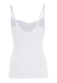 Top bianco senza maniche realizzato in un tessuto liscio. Presenta una scollatura a barchetta e spalline regolabili, con un dettaglio arricciato sul retro.