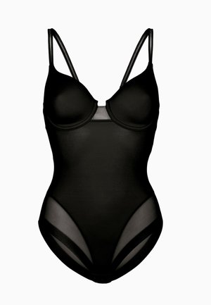 Body nero con coppe sagomate, dettagli in rete trasparente, spalline sottili e design aderente. Presenta un tessuto liscio e dettagli a pannello.