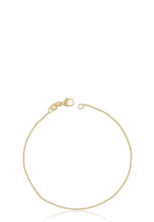 Zarte dünne Goldketten-Armband mit Karabinerverschluss, auf weißem Hintergrund ausgelegt.