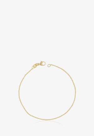 Zarte dünne Goldketten-Armband mit Karabinerverschluss, auf weißem Hintergrund ausgelegt.