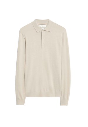 Hellebeige Langarm-Polohemd aus weichem Material; mit klassischem Kragen, drei Knöpfen sowie gerippten Bündchen und Saum.