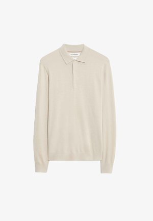 Hellebeige Langarm-Polohemd aus weichem Material; mit klassischem Kragen, drei Knöpfen sowie gerippten Bündchen und Saum.