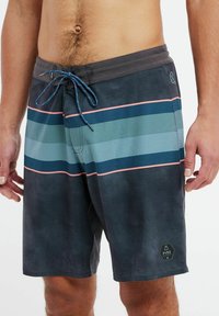 Zwemshorts voor heren in donkere tinten met smaragdgroene en marineblauwe horizontale strepen. Voorzien van een trekkoord in de taille en een logo-embleem op de zoom.