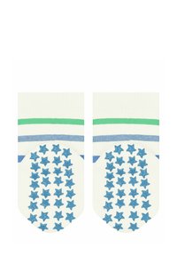 Weiße Socken mit blauen Sternmustern auf den Sohlen, mit grünen und blauen horizontalen Streifen am oberen Rand.