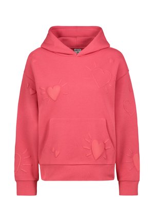 Rosa Kapuzenpullover mit strukturierten Herz- und Sonnenstrahlenmotiven, Kängurutasche sowie gerippten Bündchen und Saum. Weiche Stoffqualität.