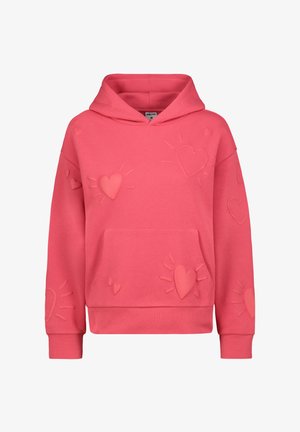 Rosa Kapuzenpullover mit strukturierten Herz- und Sonnenstrahlenmotiven, Kängurutasche sowie gerippten Bündchen und Saum. Weiche Stoffqualität.
