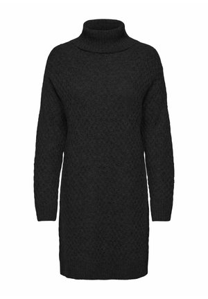 Sort strikket sweaterkjole med høj turtleneck, prydet med et tekstureret diamantskabel, lange ærmer og en afslappet pasform.