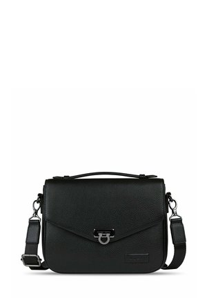 Sac messager en cuir noir avec une finition texturée, doté d'une fermeture à rabat, d'une sangle ajustable et de détails en métal.
