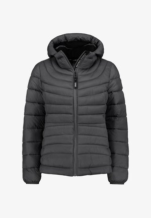 Grijze pufferjack met een capuchon, met een geborduurd ontwerp, ritssluiting en elastische manchetten. Gemaakt van lichtgewicht, geïsoleerd materiaal.