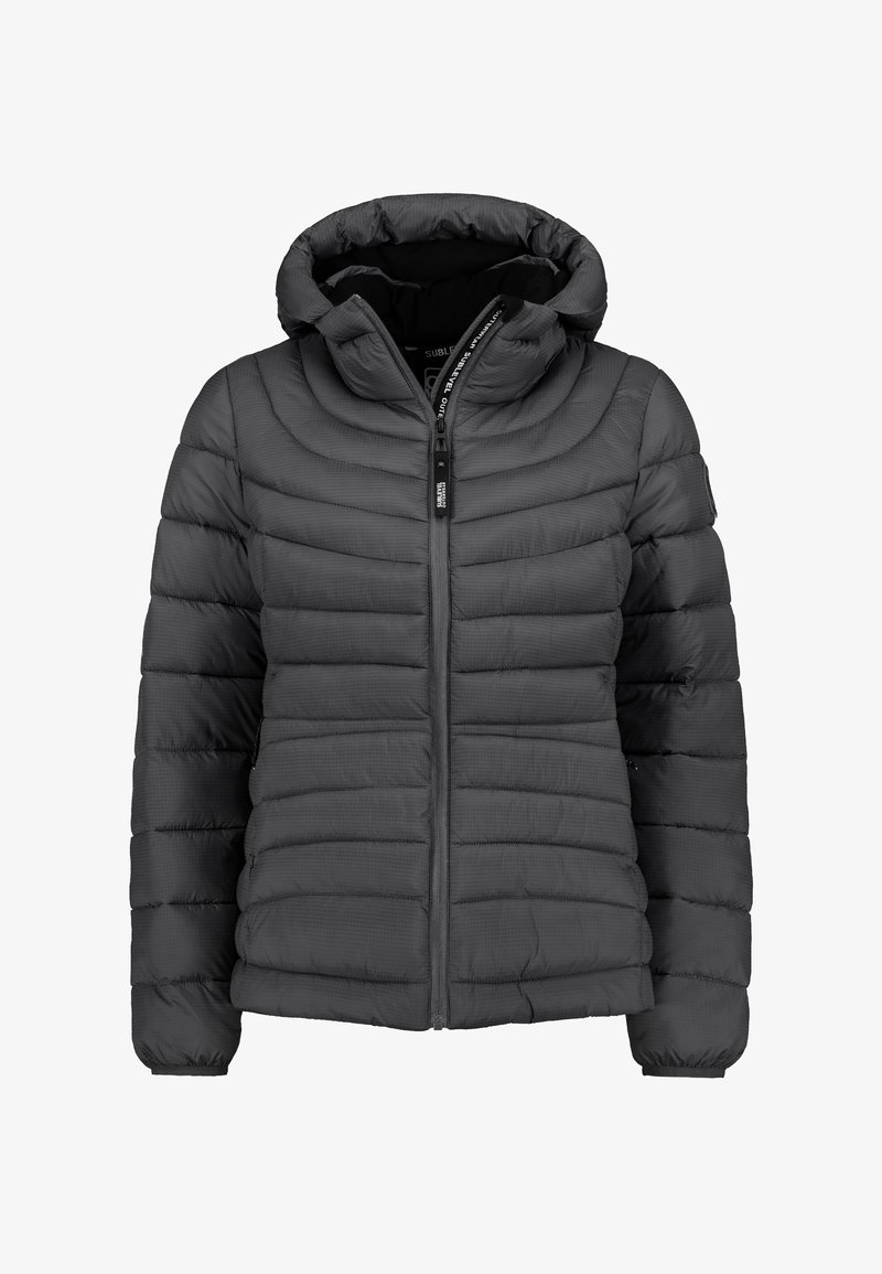 Grijze pufferjack met een capuchon, met een geborduurd ontwerp, ritssluiting en elastische manchetten. Gemaakt van lichtgewicht, geïsoleerd materiaal.