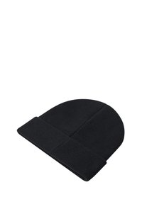 Bonnet noir en tissu tricoté, avec un revers roulé, un haut arrondi et une texture lisse, idéal pour un look décontracté.
