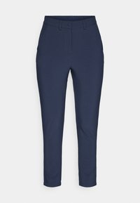 Marineblauwe broek van textuurstof, met een rechte snit, knoopsluiting en zijzakken. Modern ontwerp met strakke lijnen.