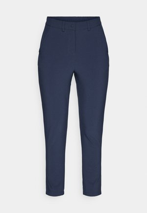 Marineblauwe broek van textuurstof, met een rechte snit, knoopsluiting en zijzakken. Modern ontwerp met strakke lijnen.